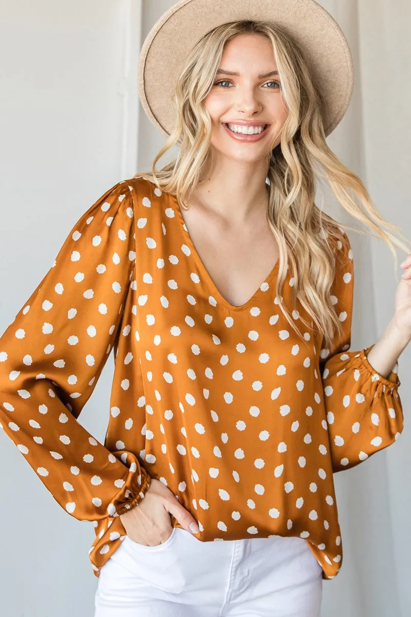 Ditsy Dot Print Satin V-Neck Long Sleeve Top - Final Sale