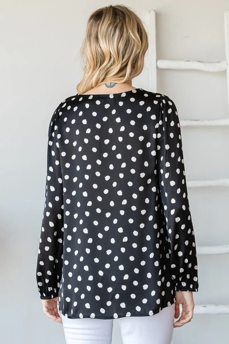 Ditsy Dot Print Satin V-Neck Long Sleeve Top - Final Sale