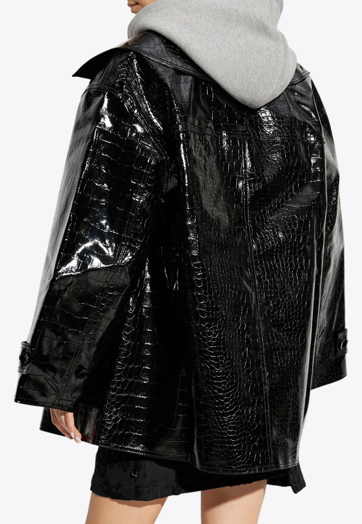 Double-Breasted Croc-Embossed Leather Coat