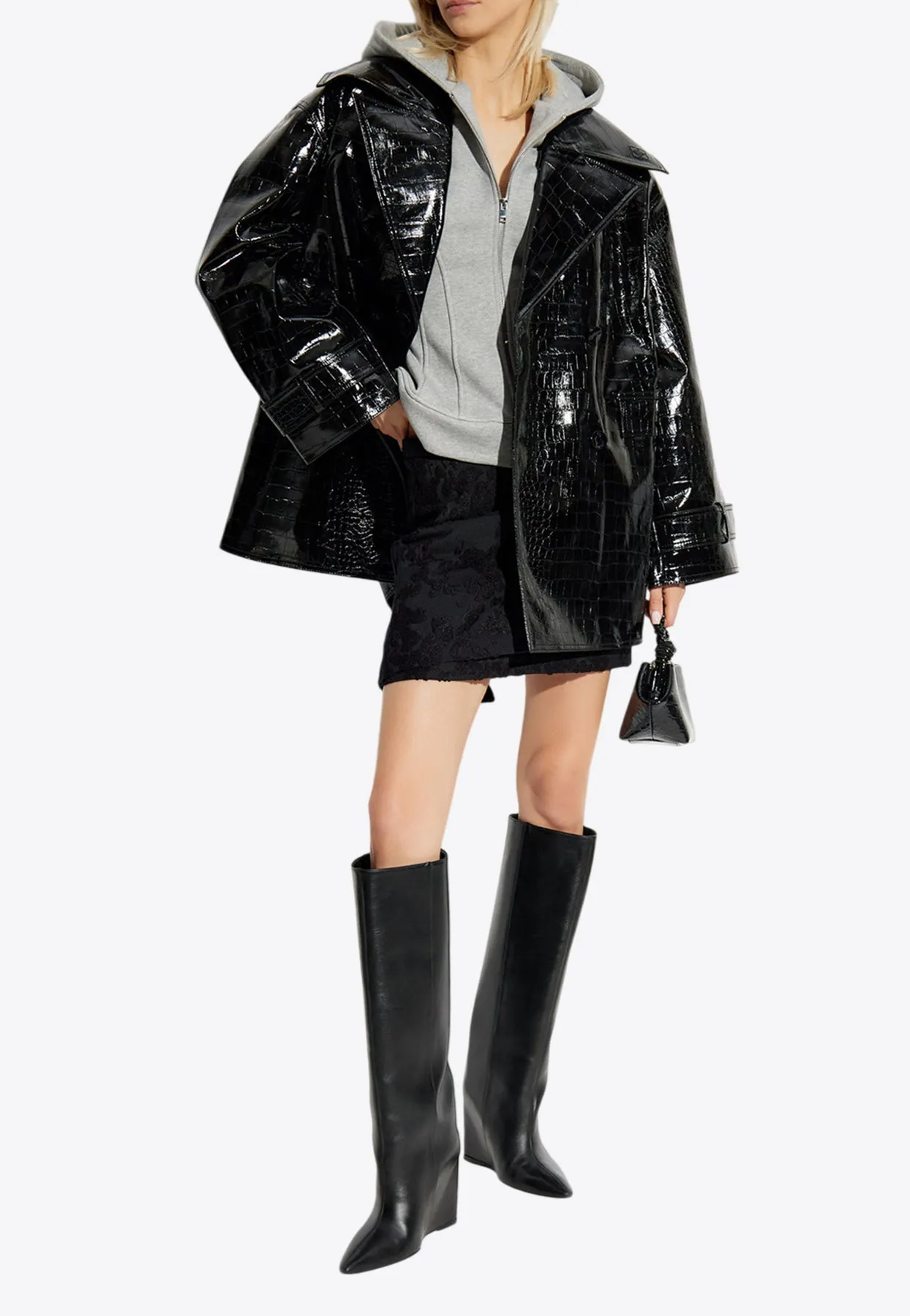 Double-Breasted Croc-Embossed Leather Coat