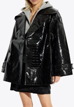 Double-Breasted Croc-Embossed Leather Coat