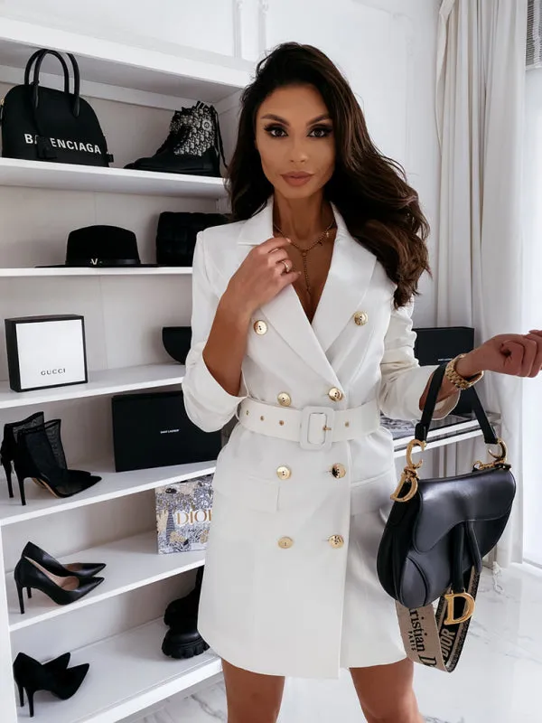 Double-Breasted Suit Dress with Belted Waist and Lapel Collar