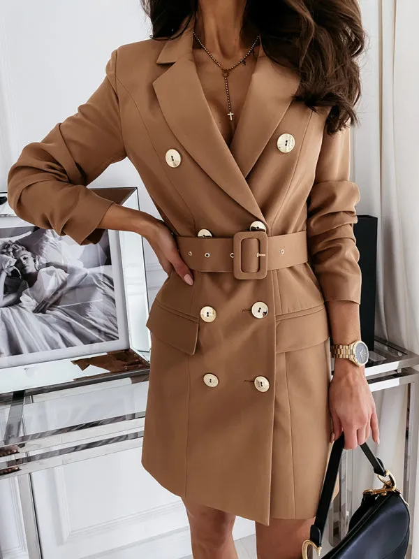 Double-Breasted Suit Dress with Belted Waist and Lapel Collar