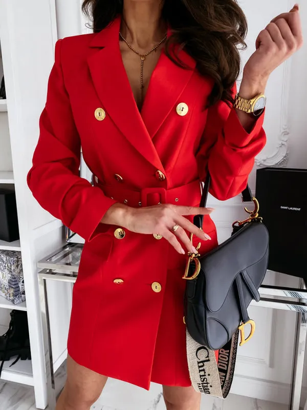 Double-Breasted Suit Dress with Belted Waist and Lapel Collar