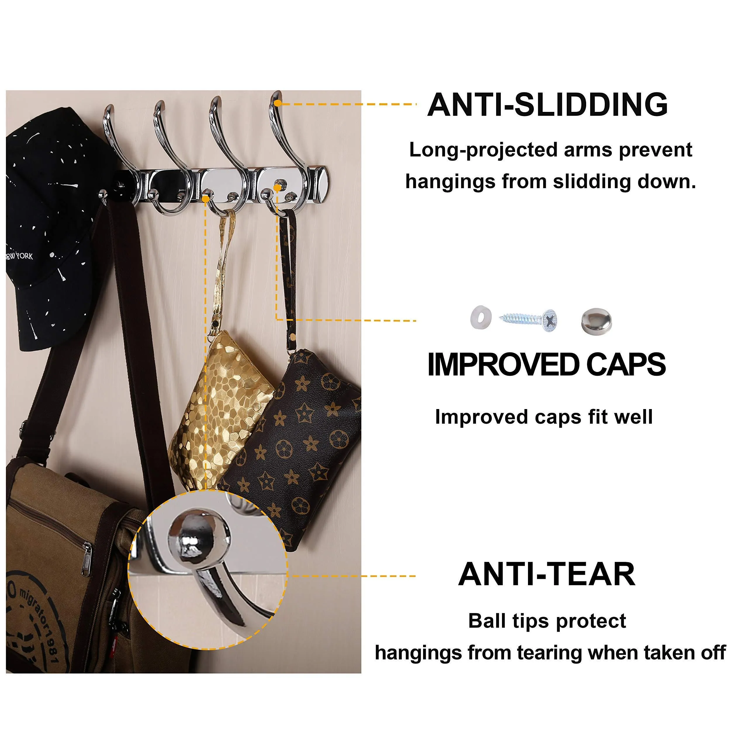 Dseap Coat Rack Wall Mounted, with 5 Jumbo Double Hooks, Heavy Duty, Stainless Steel, Metal Coat Hook, Hanging Clothes Towel Hat Robes, for Mudroom Bathroom Entryway, Chromed,2 Packs