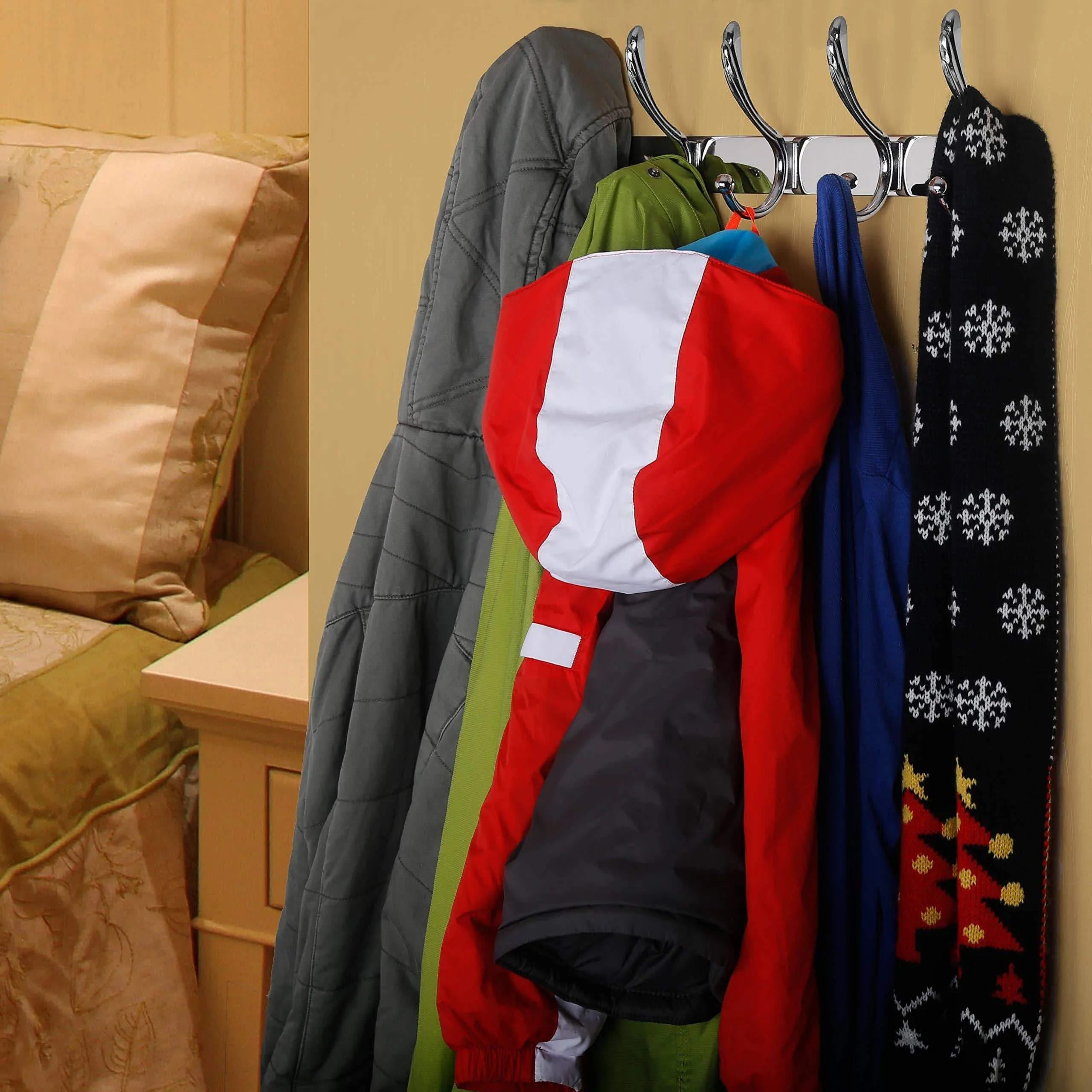 Dseap Coat Rack Wall Mounted, with 5 Jumbo Double Hooks, Heavy Duty, Stainless Steel, Metal Coat Hook, Hanging Clothes Towel Hat Robes, for Mudroom Bathroom Entryway, Chromed,2 Packs