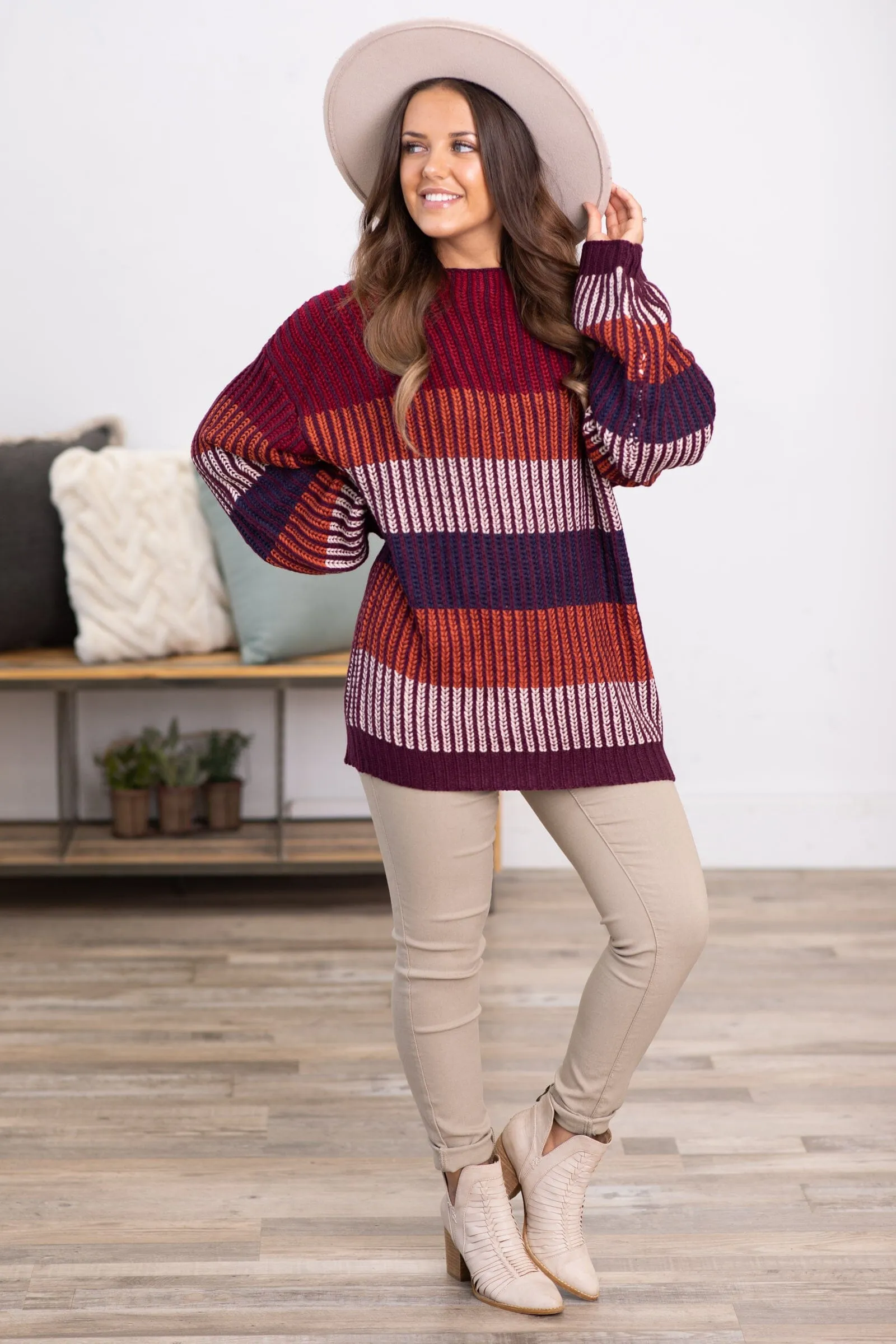 Eggplant Multicolor Ribbed Stripe Sweater