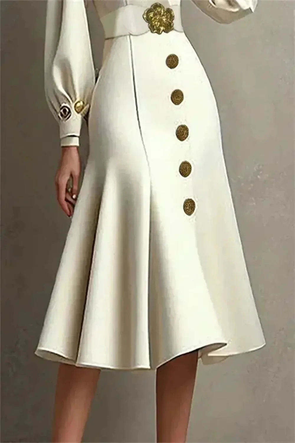 Elegant Belted Buttoned V-Neck Flute A-line Dress