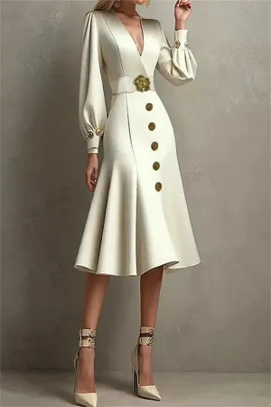Elegant Belted Buttoned V-Neck Flute A-line Dress
