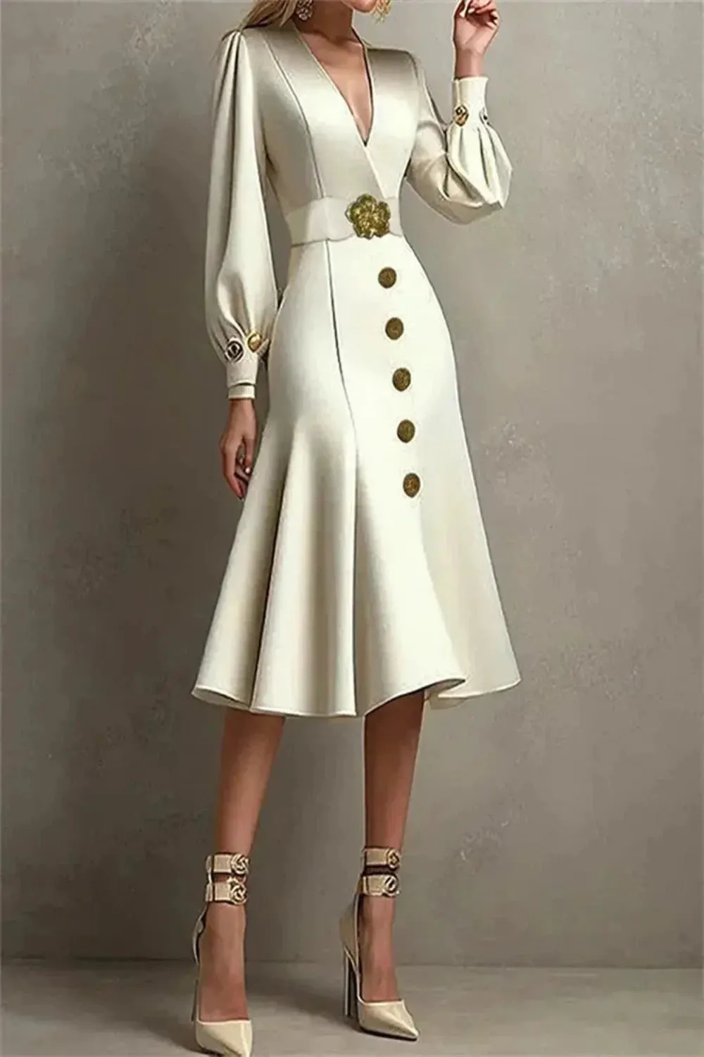 Elegant Belted Buttoned V-Neck Flute A-line Dress