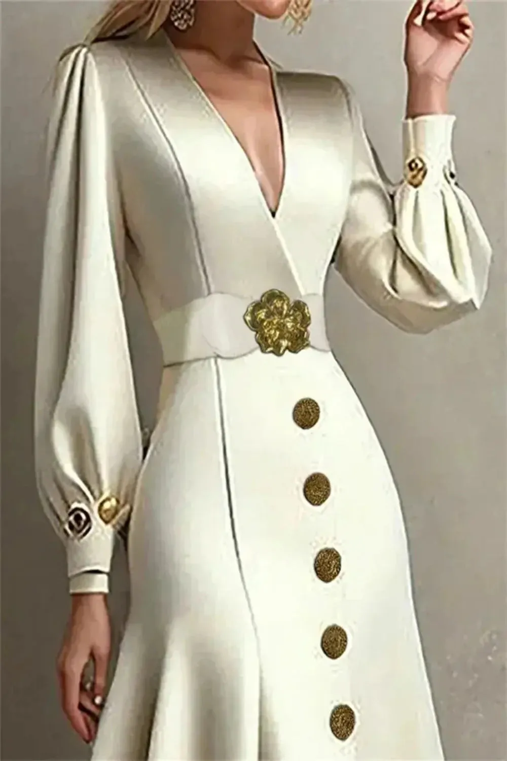 Elegant Belted Buttoned V-Neck Flute A-line Dress
