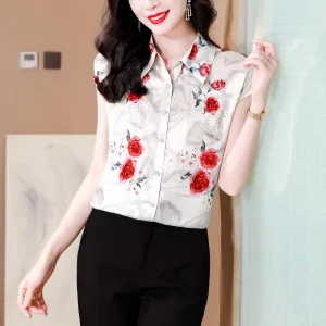 Elegant Floral Print Satin Blouse Women's Classic Silk Style