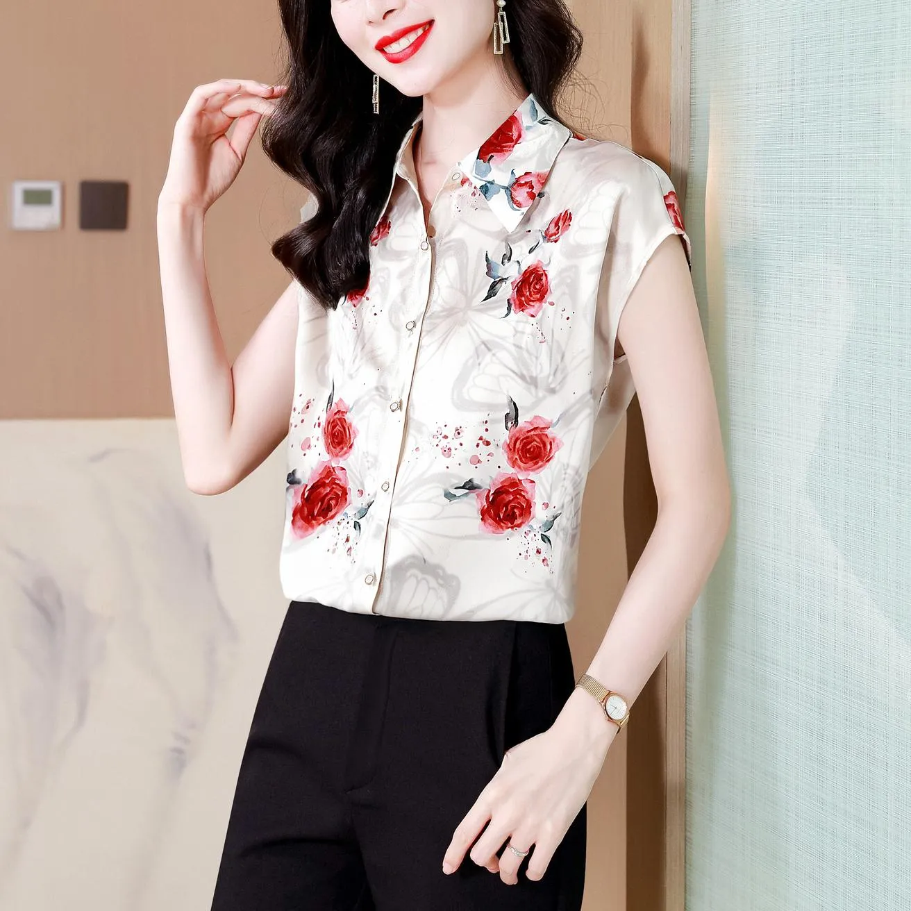 Elegant Floral Print Satin Blouse Women's Classic Silk Style