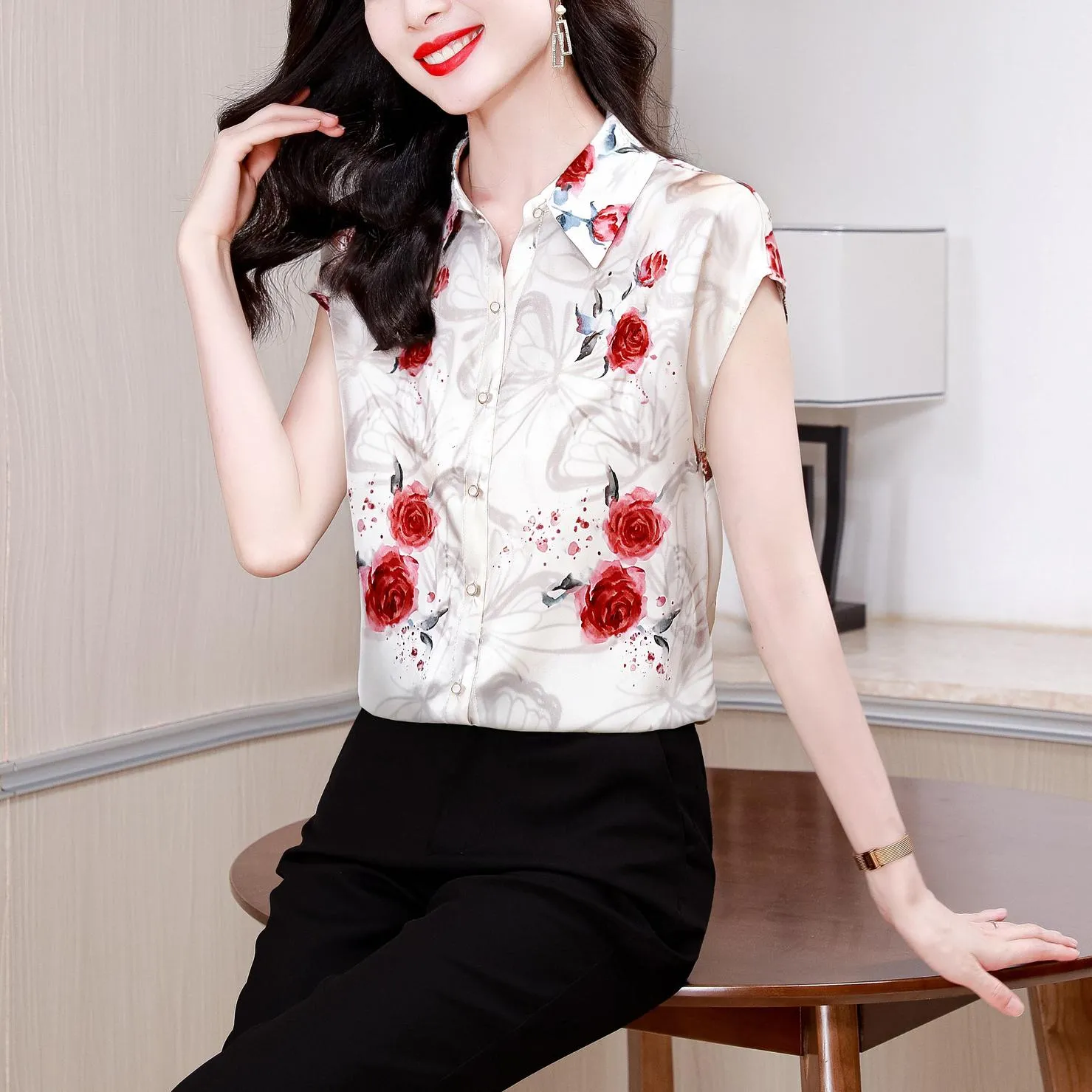 Elegant Floral Print Satin Blouse Women's Classic Silk Style