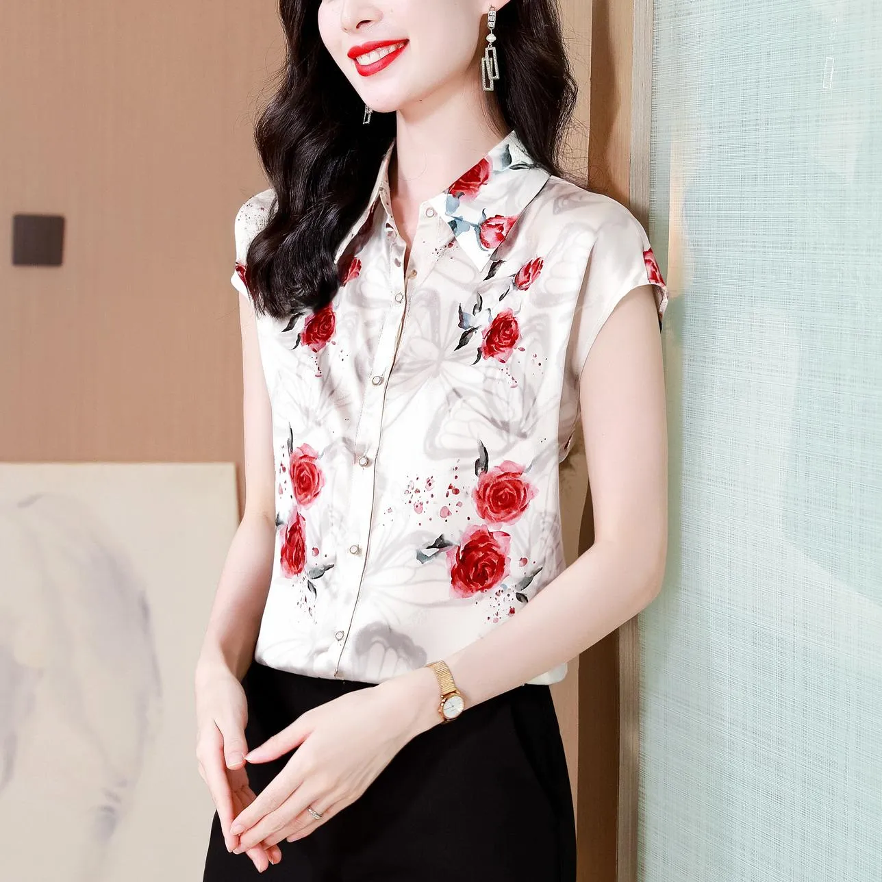 Elegant Floral Print Satin Blouse Women's Classic Silk Style