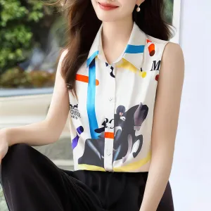 Elegant Women's Sleeveless Satin Shirt with Contrasting Colors