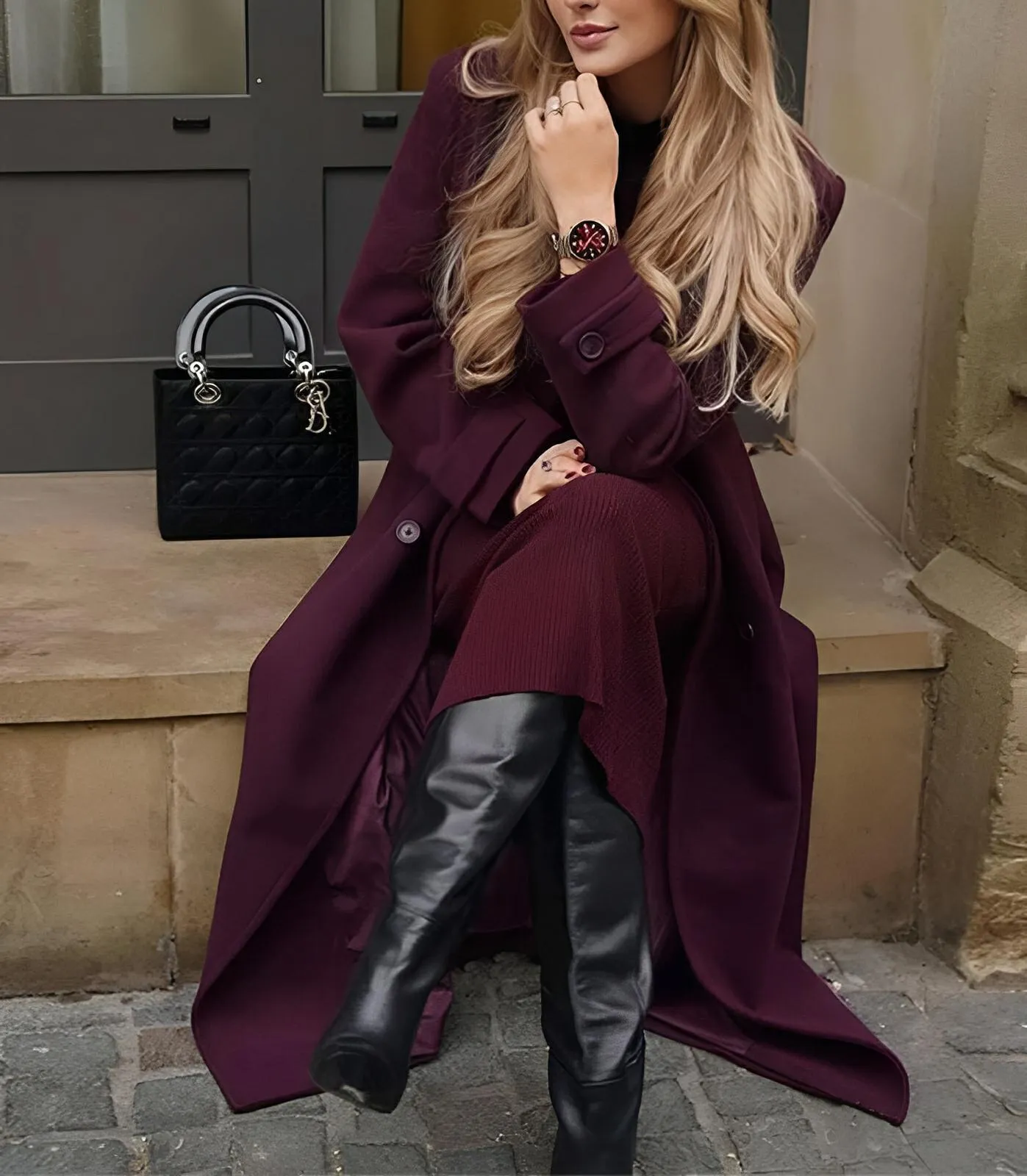 Fashion Lapel Woollen Coat with Belt