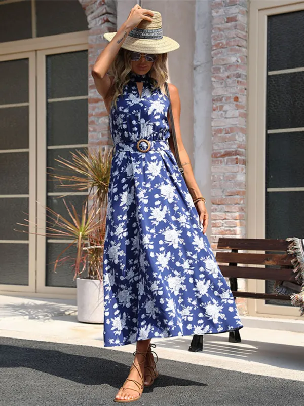 Floral Halter Midi Dress with Keyhole Neckline
