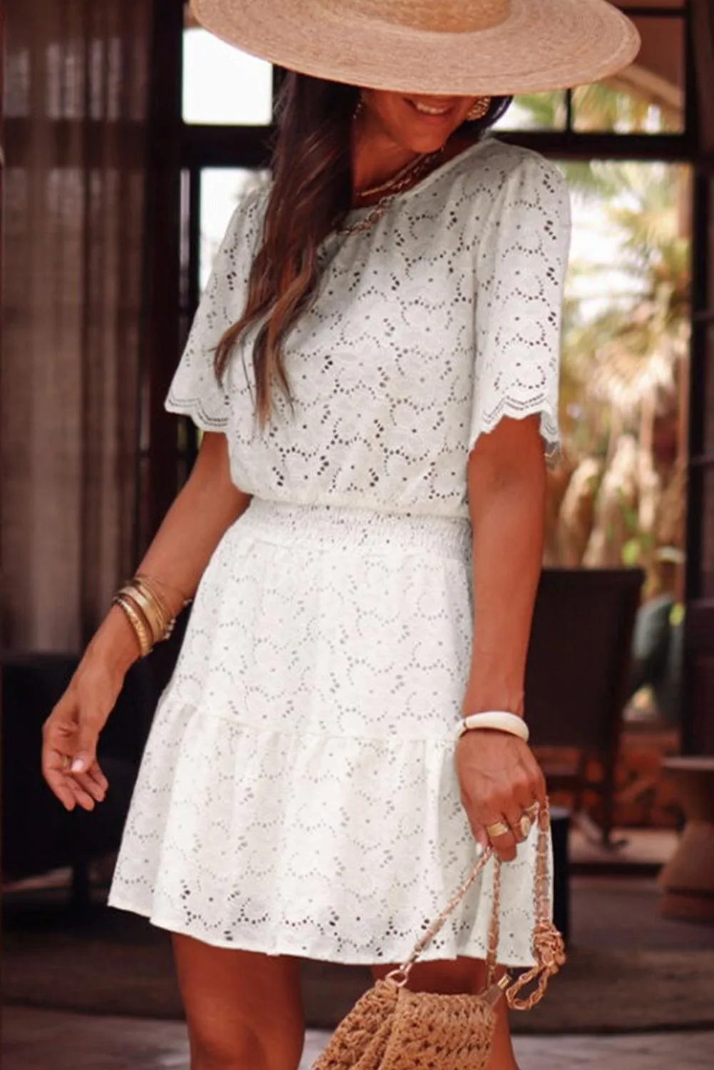 Floral Lace Crochet Short Sleeve Mini Dress