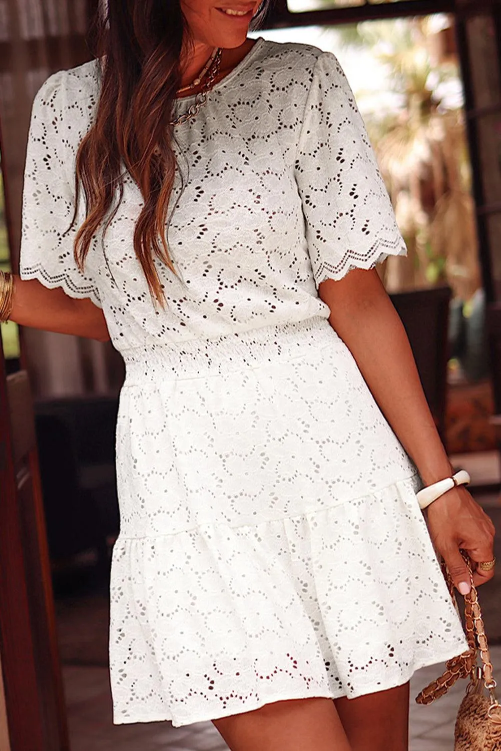 Floral Lace Crochet Short Sleeve Mini Dress