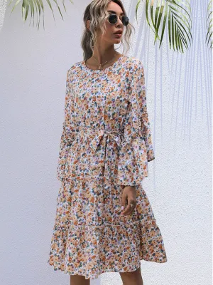 Floral Print Long-Sleeved Dress with Tiered Skirt and Belted Waist