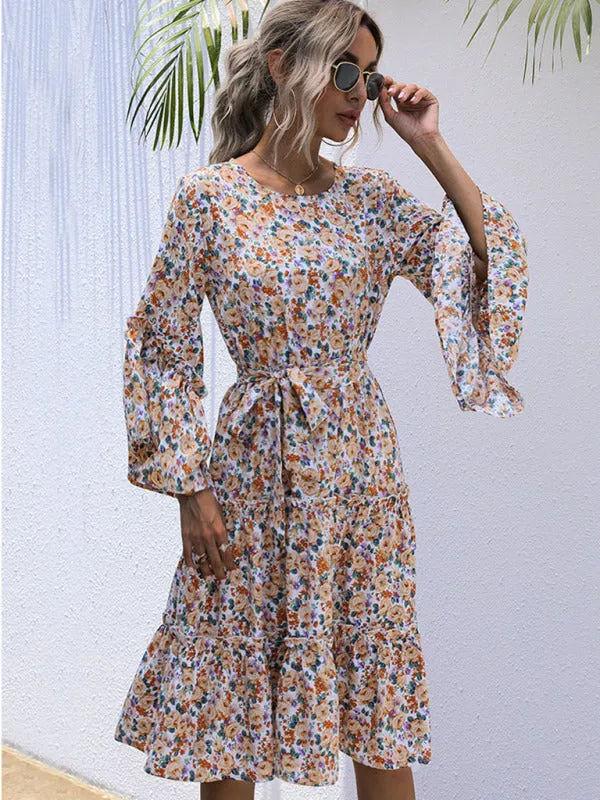 Floral Print Long-Sleeved Dress with Tiered Skirt and Belted Waist