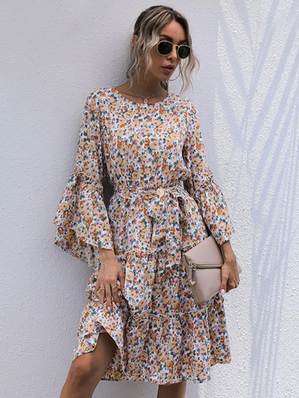 Floral Print Long-Sleeved Dress with Tiered Skirt and Belted Waist