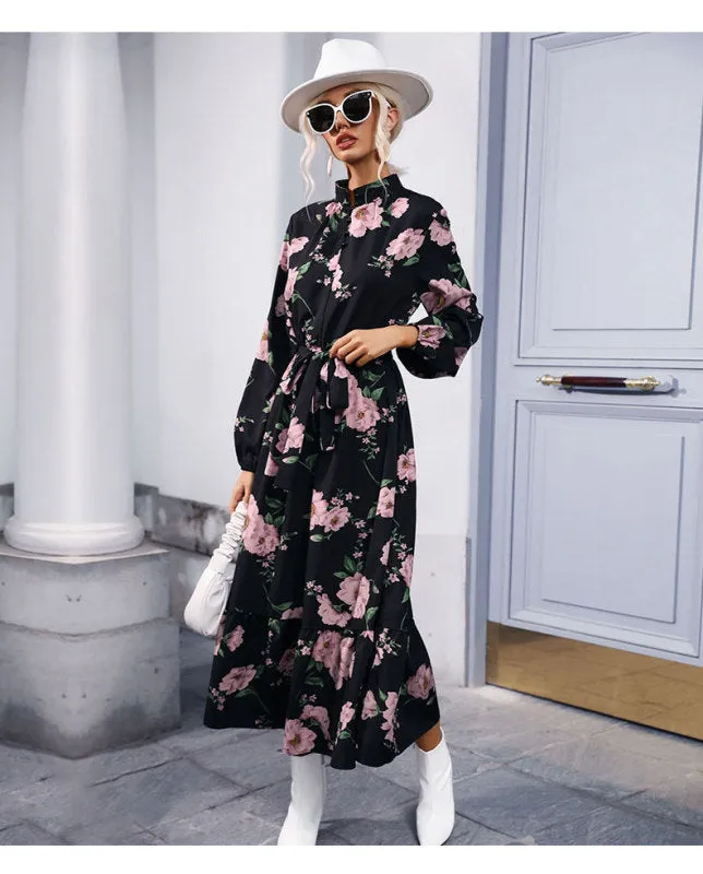 Floral Print Maxi Dress with Belted Waist and Semi-Collar