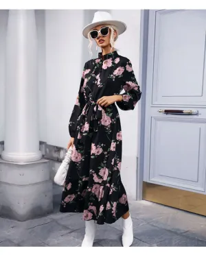 Floral Print Maxi Dress with Belted Waist and Semi-Collar