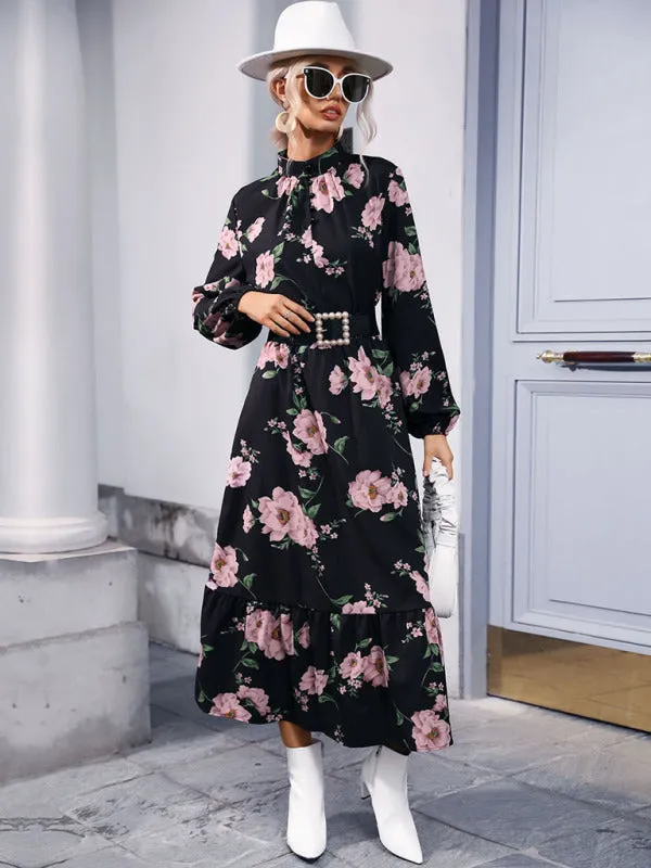 Floral Print Maxi Dress with Belted Waist and Tiered Skirt