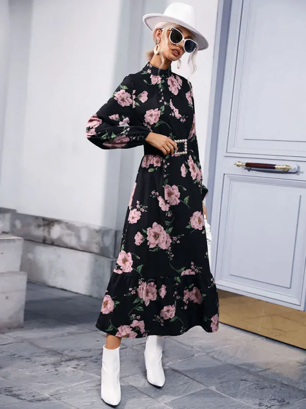 Floral Print Maxi Dress with Belted Waist and Tiered Skirt