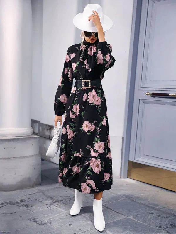 Floral Print Maxi Dress with Belted Waist and Tiered Skirt