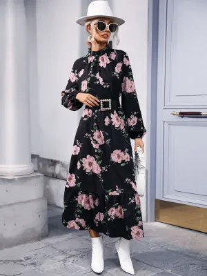 Floral Print Maxi Dress with Belted Waist and Tiered Skirt
