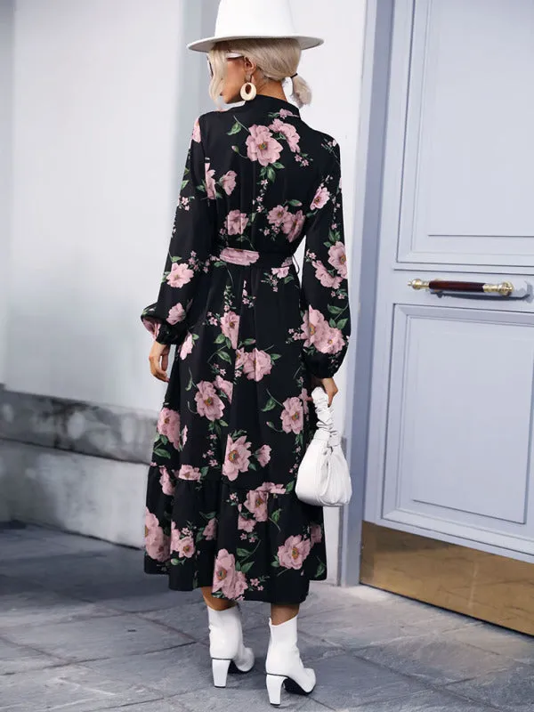 Floral Print Maxi Dress with Belted Waist and Tiered Skirt