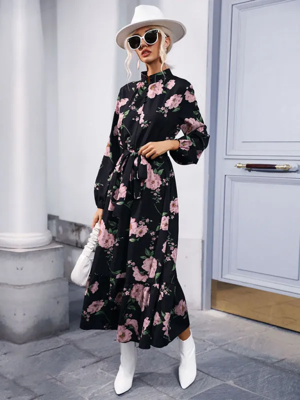 Floral Print Maxi Dress with Belted Waist and Tiered Skirt