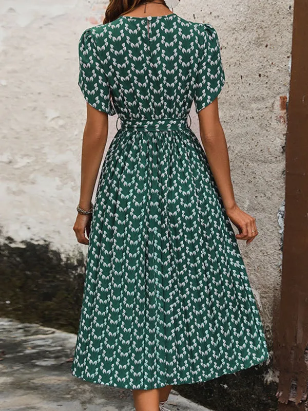 Floral Print Midi Dress with Belted Waist and Short Sleeves