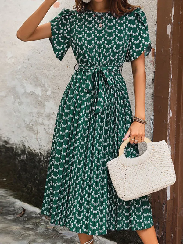 Floral Print Midi Dress with Belted Waist and Short Sleeves