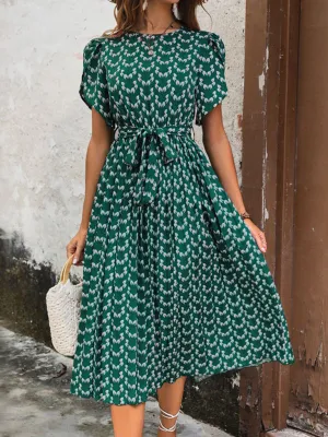 Floral Print Midi Dress with Belted Waist and Short Sleeves