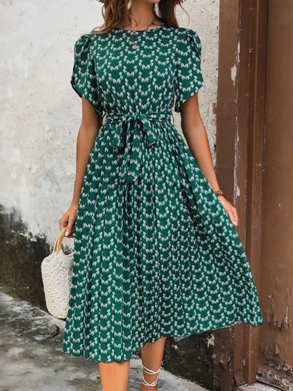 Floral Print Midi Dress with Belted Waist and Short Sleeves
