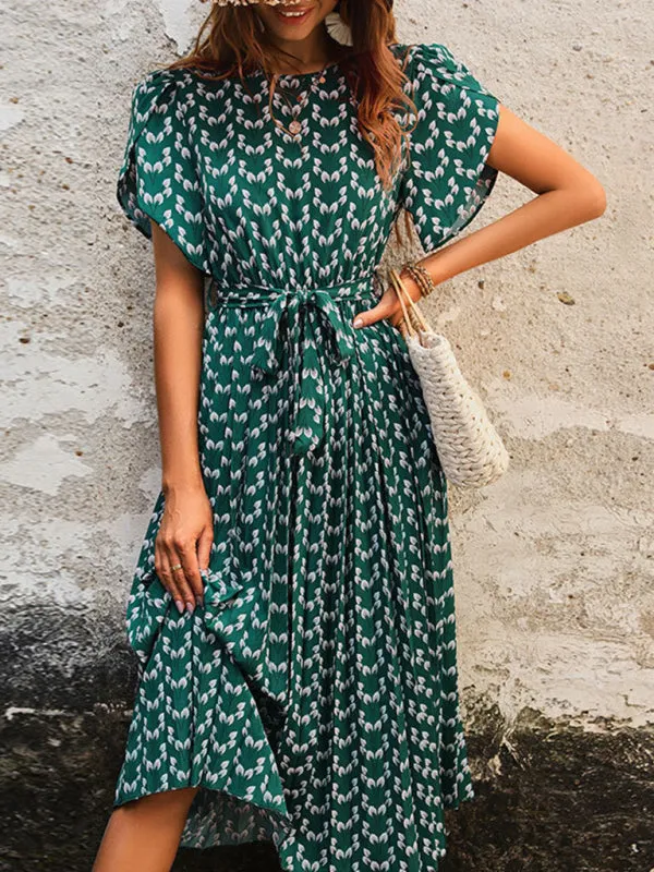 Floral Print Midi Dress with Belted Waist and Short Sleeves