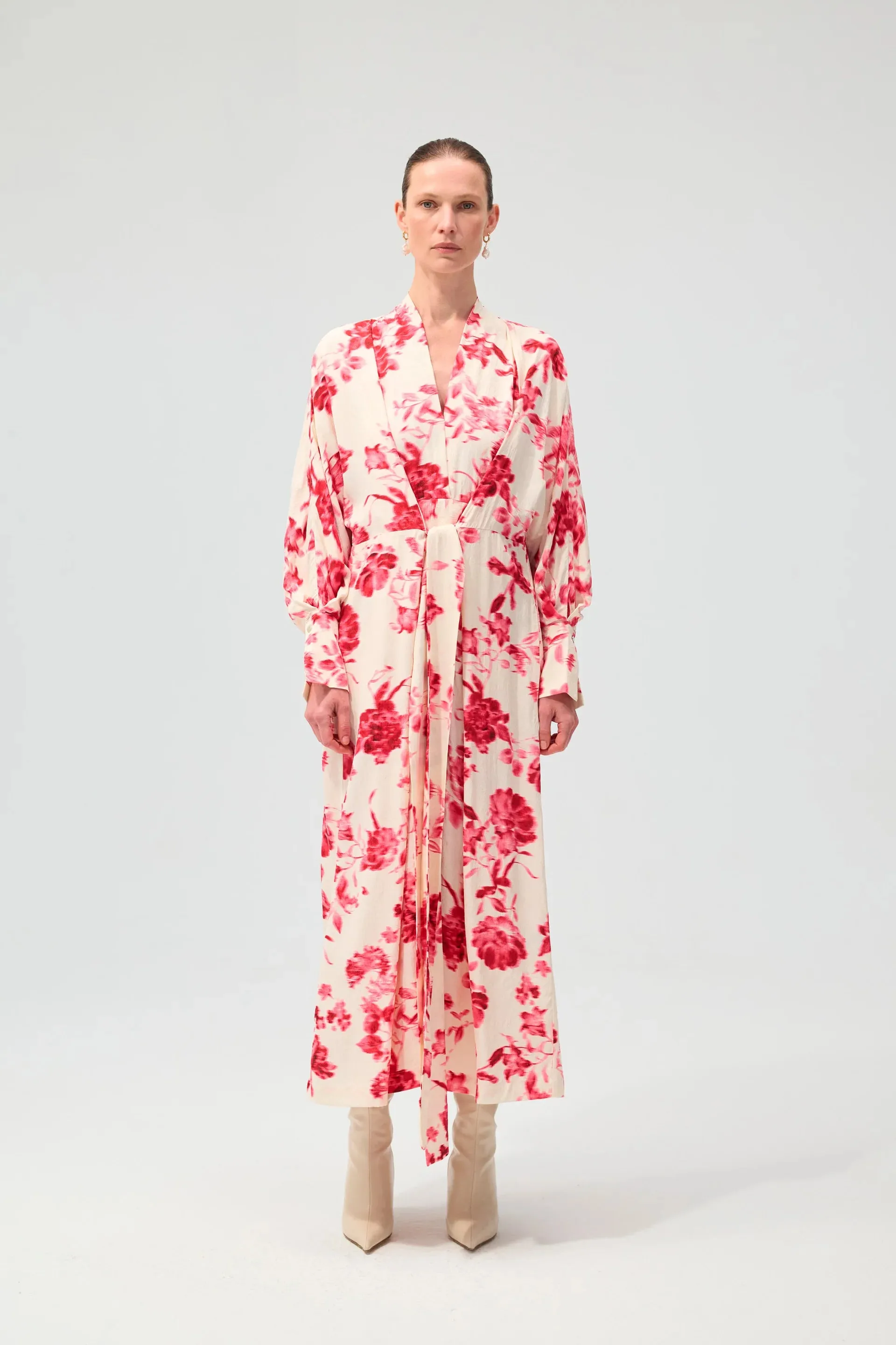 FREYA | Kimono Dress - Red Floral & Lace Jacquard