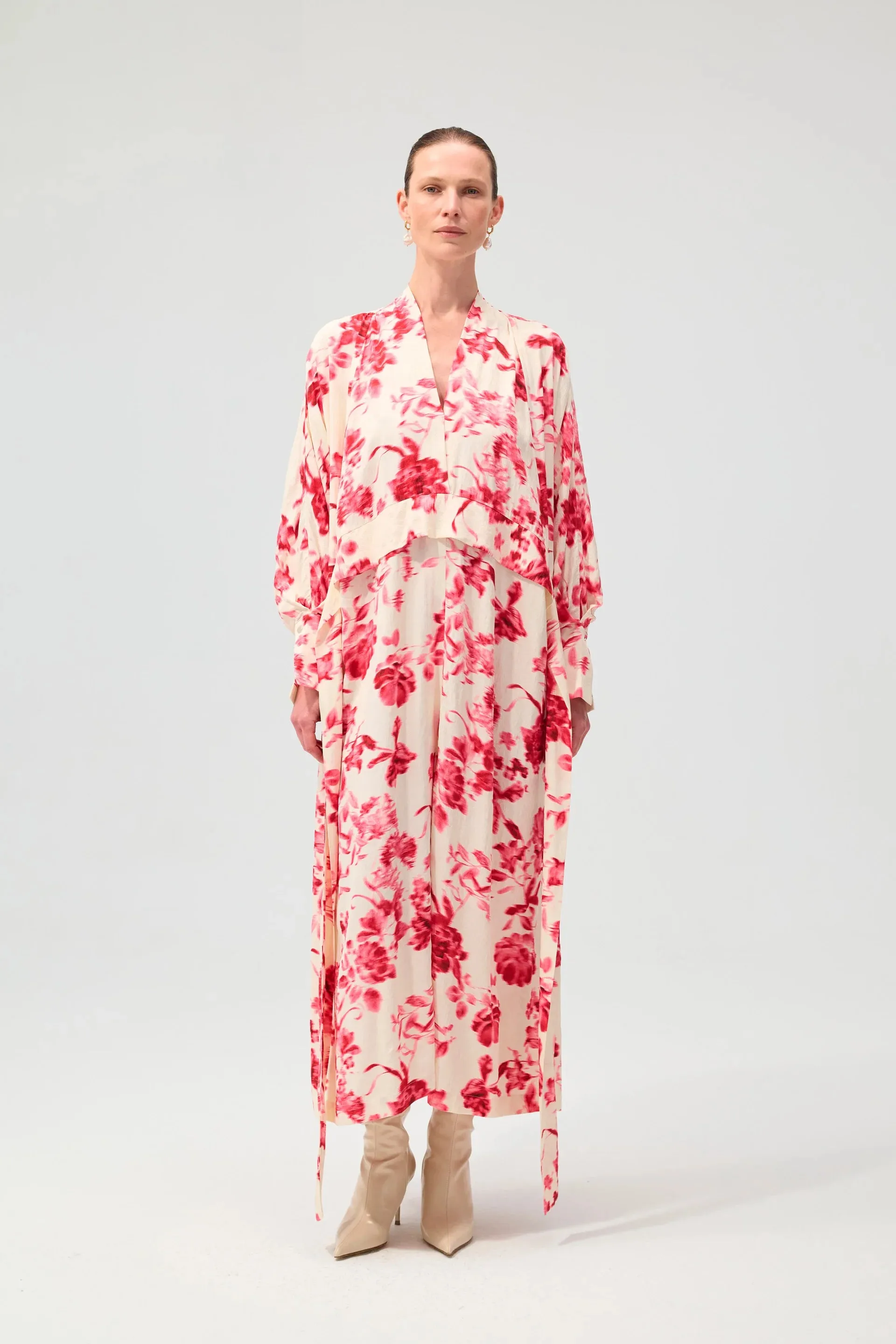 FREYA | Kimono Dress - Red Floral & Lace Jacquard