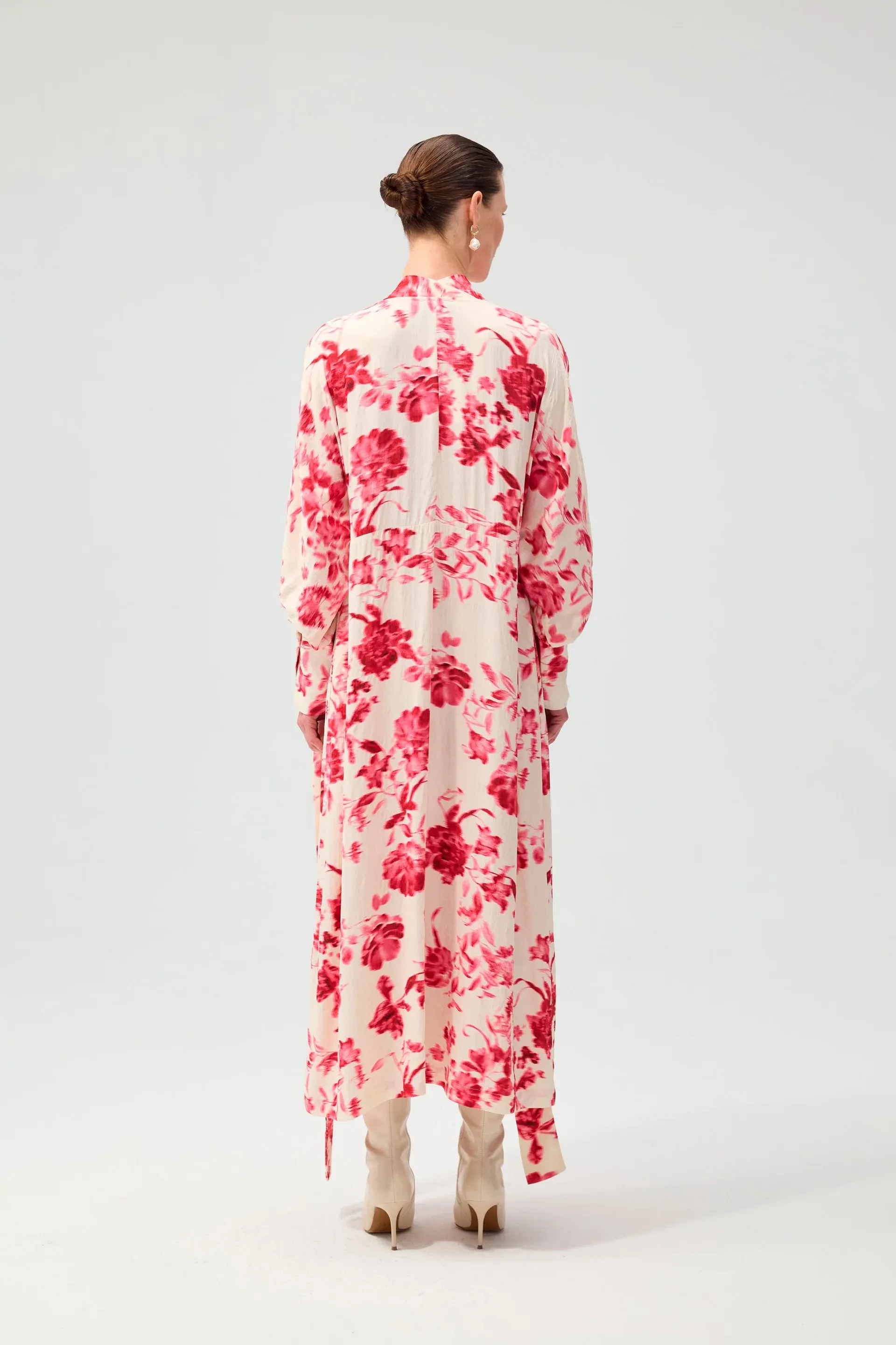 FREYA | Kimono Dress - Red Floral & Lace Jacquard