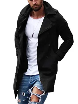 Gafeng Mens Double Breasted Trench Coat Notched Lapel Casual Slim Fit Cotton Long Windbreaker Overcoat Black