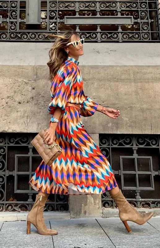 Geometric Print A-Line Midi Dress with Stand Collar and Belted Waist