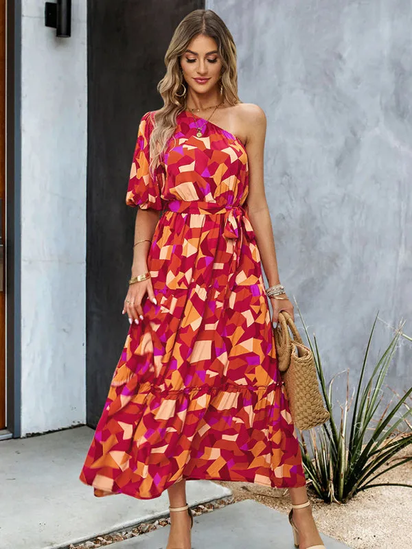 Geometric Print One-Shoulder Midi Dress with Belted Waist