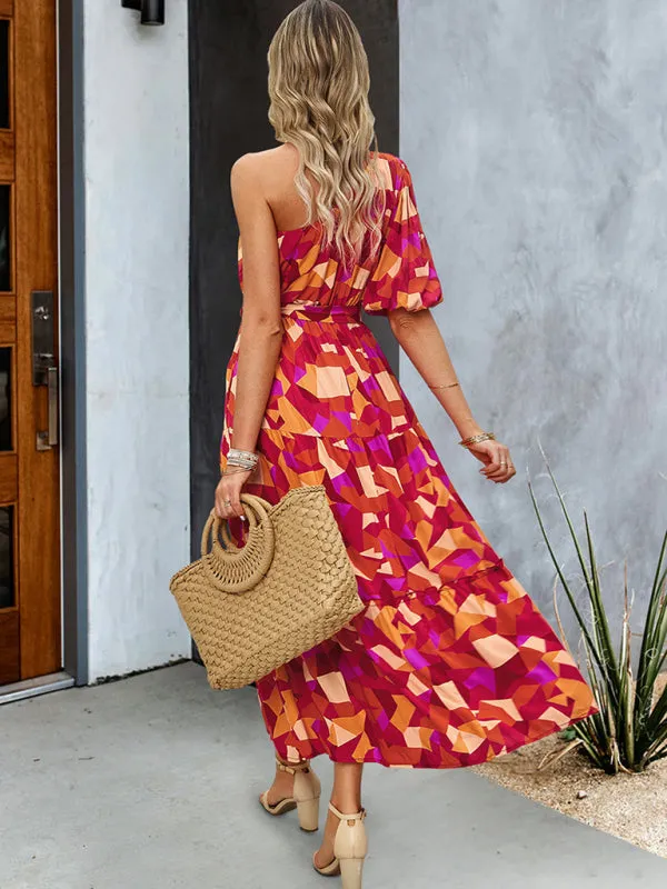 Geometric Print One-Shoulder Midi Dress with Belted Waist
