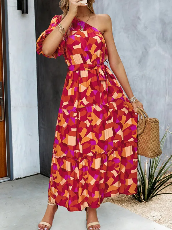 Geometric Print One-Shoulder Midi Dress with Belted Waist