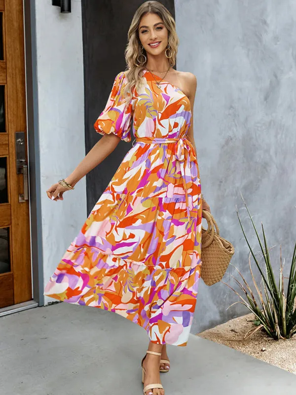 Geometric Print One-Shoulder Midi Dress with Belted Waist