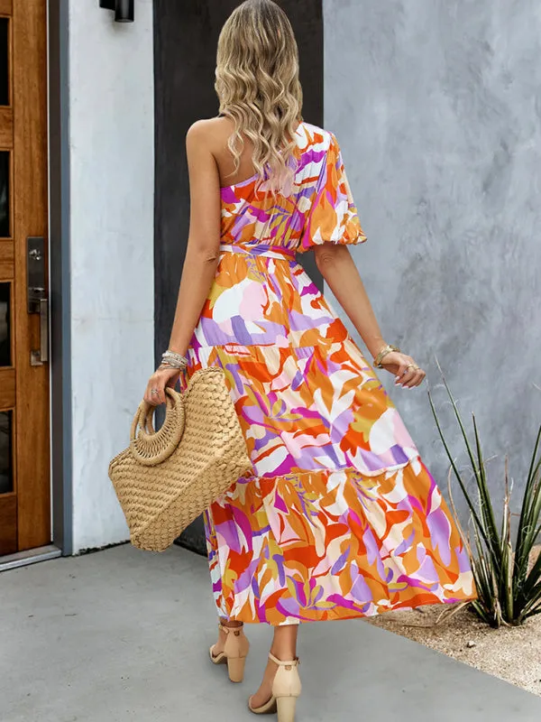 Geometric Print One-Shoulder Midi Dress with Belted Waist